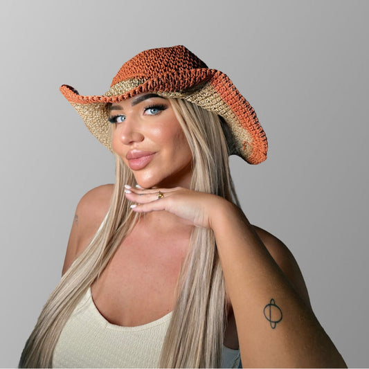 🤠 Chapeau "Texas" Retroussable en Matière Naturelle – Corail 🌞