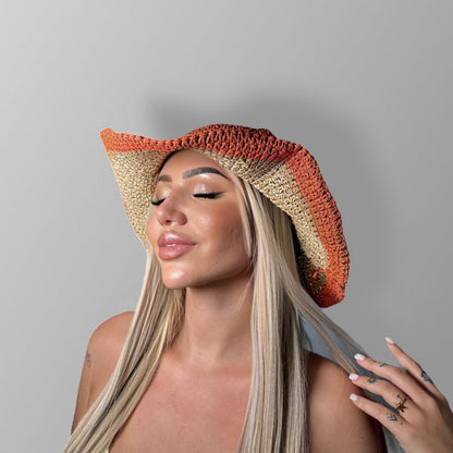 🤠 Chapeau "Texas" Retroussable en Matière Naturelle – Corail 🌞