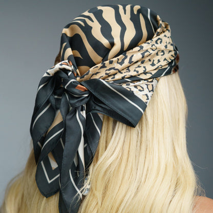 Foulard Mikumi – Motif Zèbre & Léopard Noir 🖤🐆